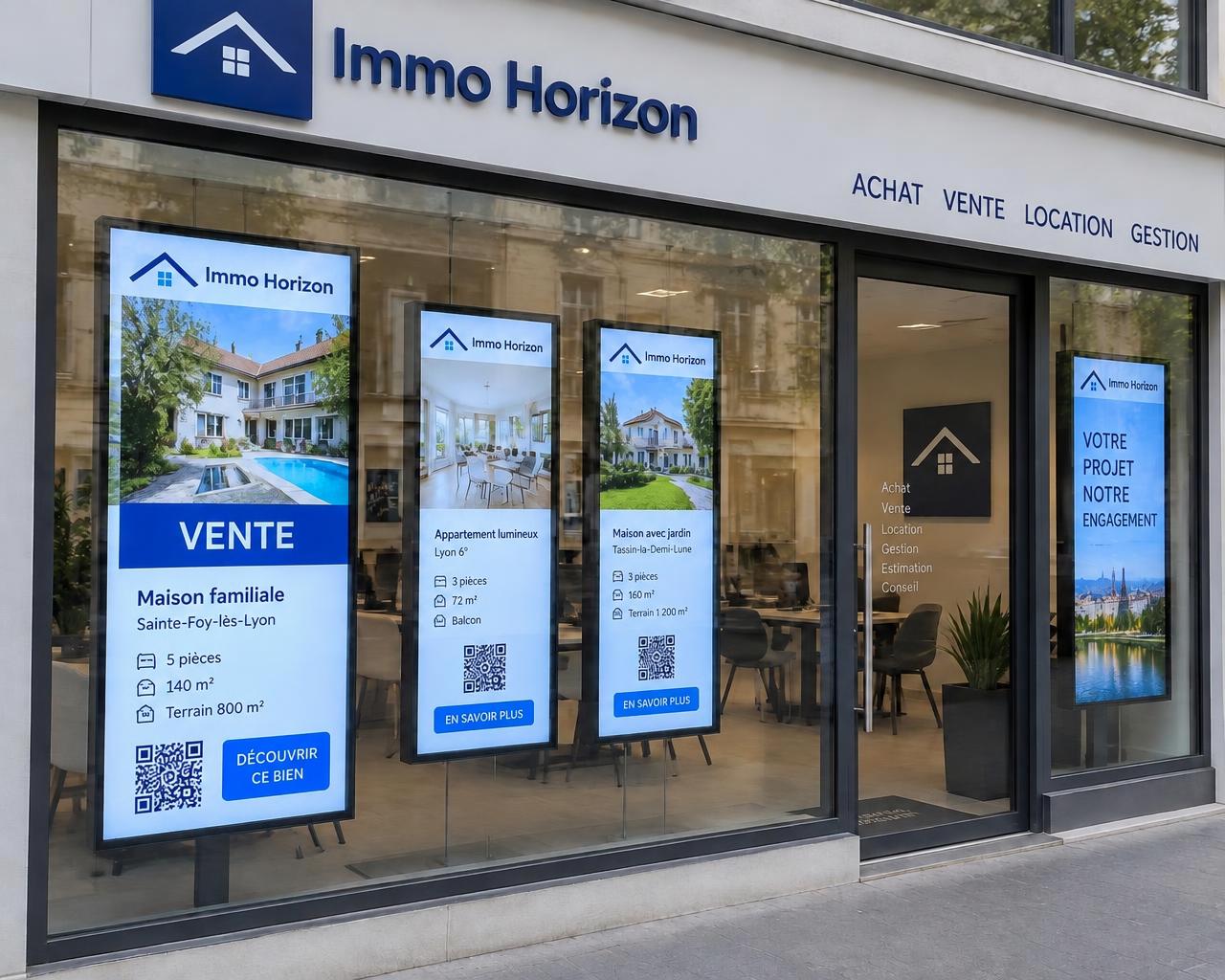 Écrans d'annonces dans la vitrine d'une agence immobilière